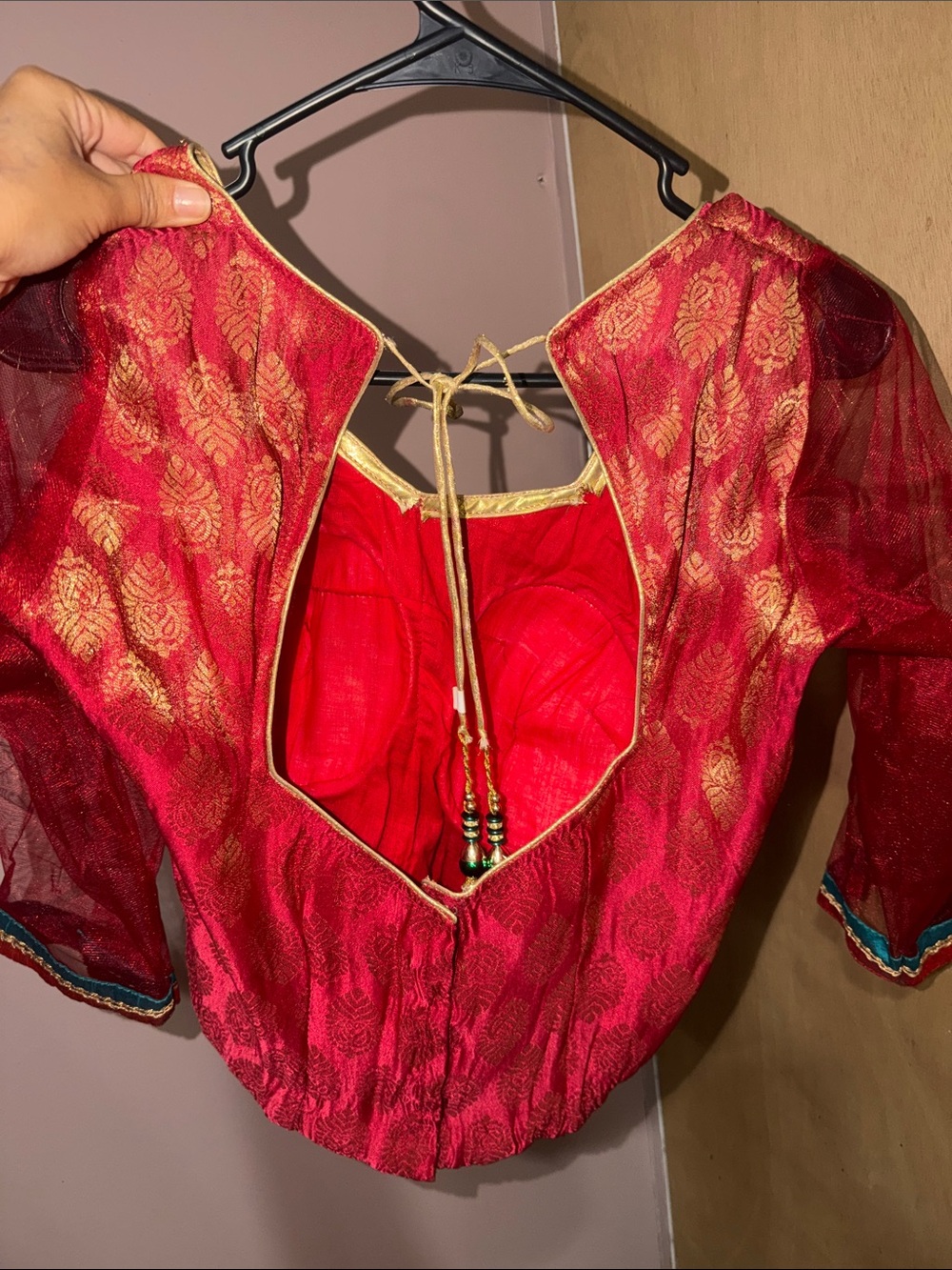 Red and Gold Embroidered Indian Lehenga Set with Teal Accents - Picture 2 of 4